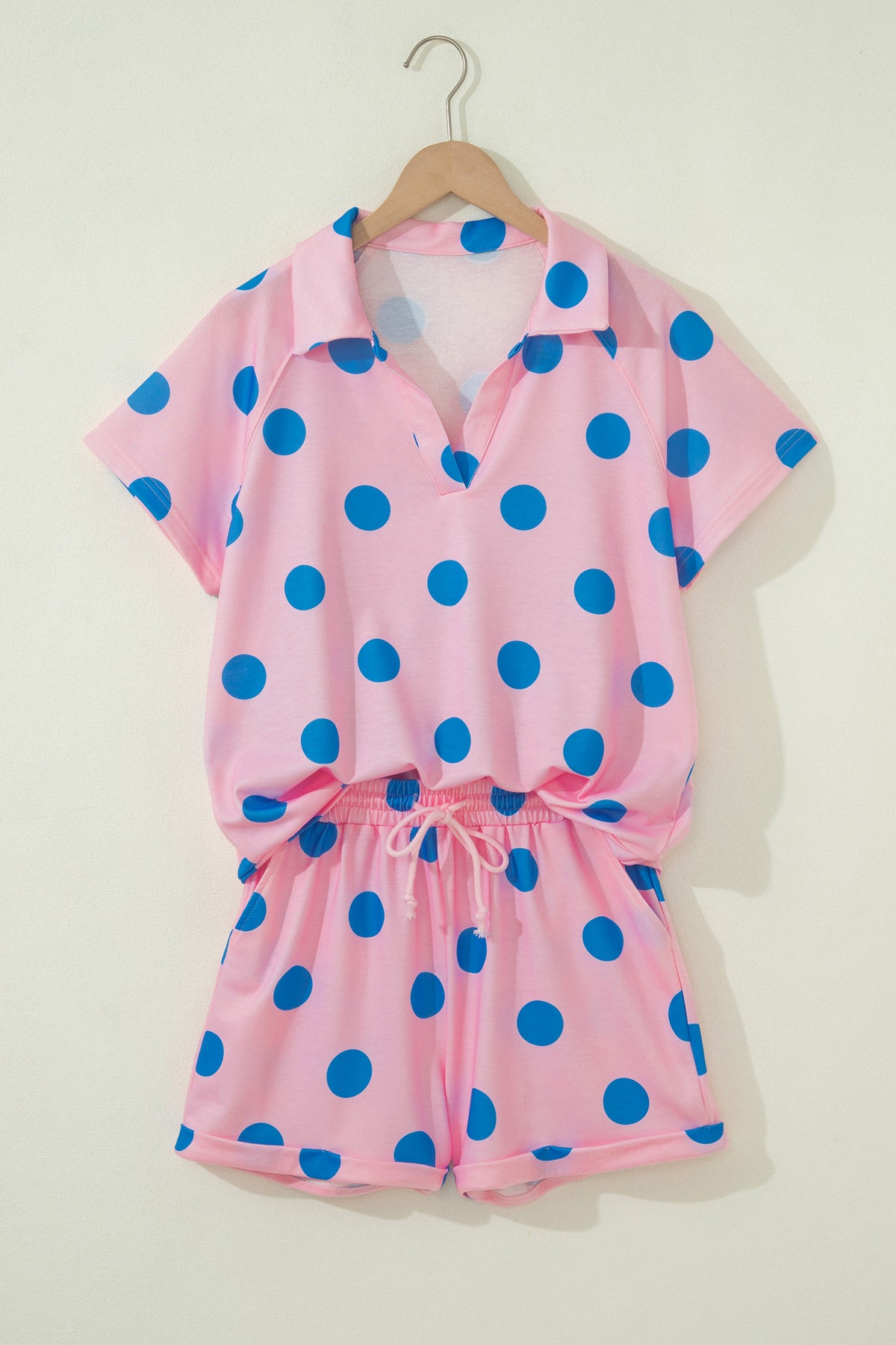 Beige Polka Dot Print V Neck Tee Short Set