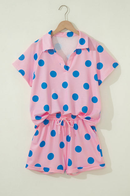 Beige Polka Dot Print V Neck Tee Short Set