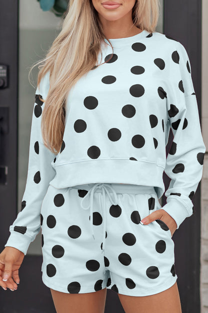 Pink Polka Dot Print Drop Shoulder Pullover Drawstring Shorts Set