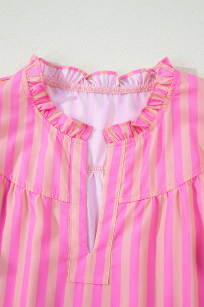 Pink Stripe Split Neck Ruffled Summer Blouse