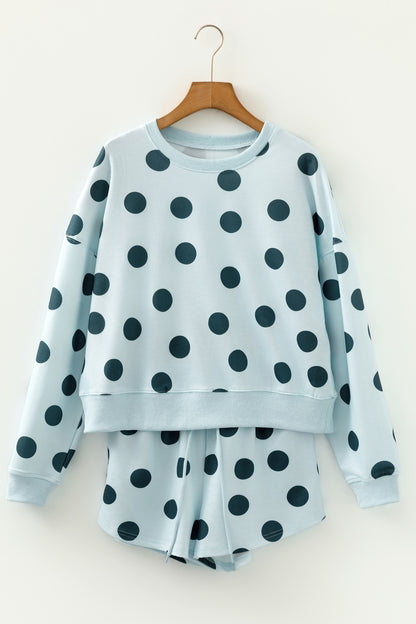 Pink Polka Dot Print Drop Shoulder Pullover Drawstring Shorts Set
