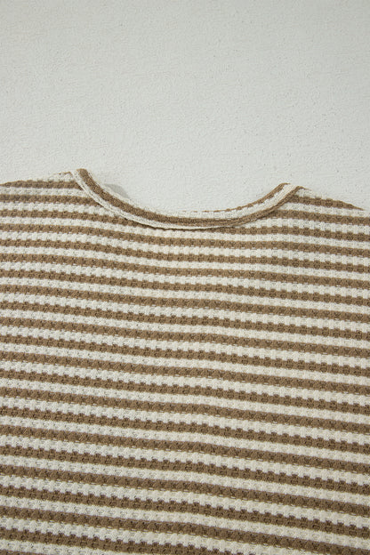 Brown Stripe Breathable Textured Knit Short 2pcs Set