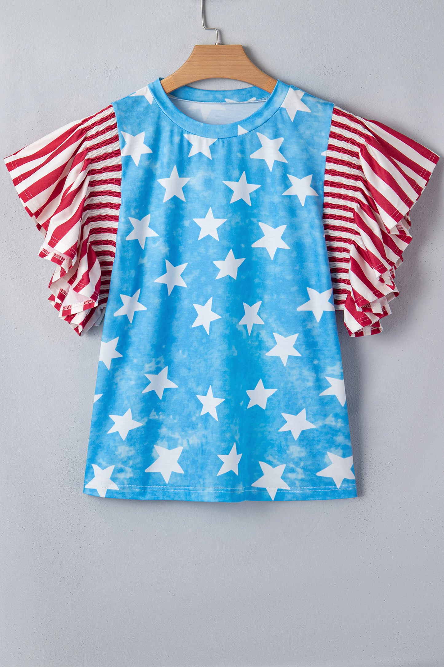 Sky Blue Vintage Star Print Striped Ruffle Sleeve Independence Day Top