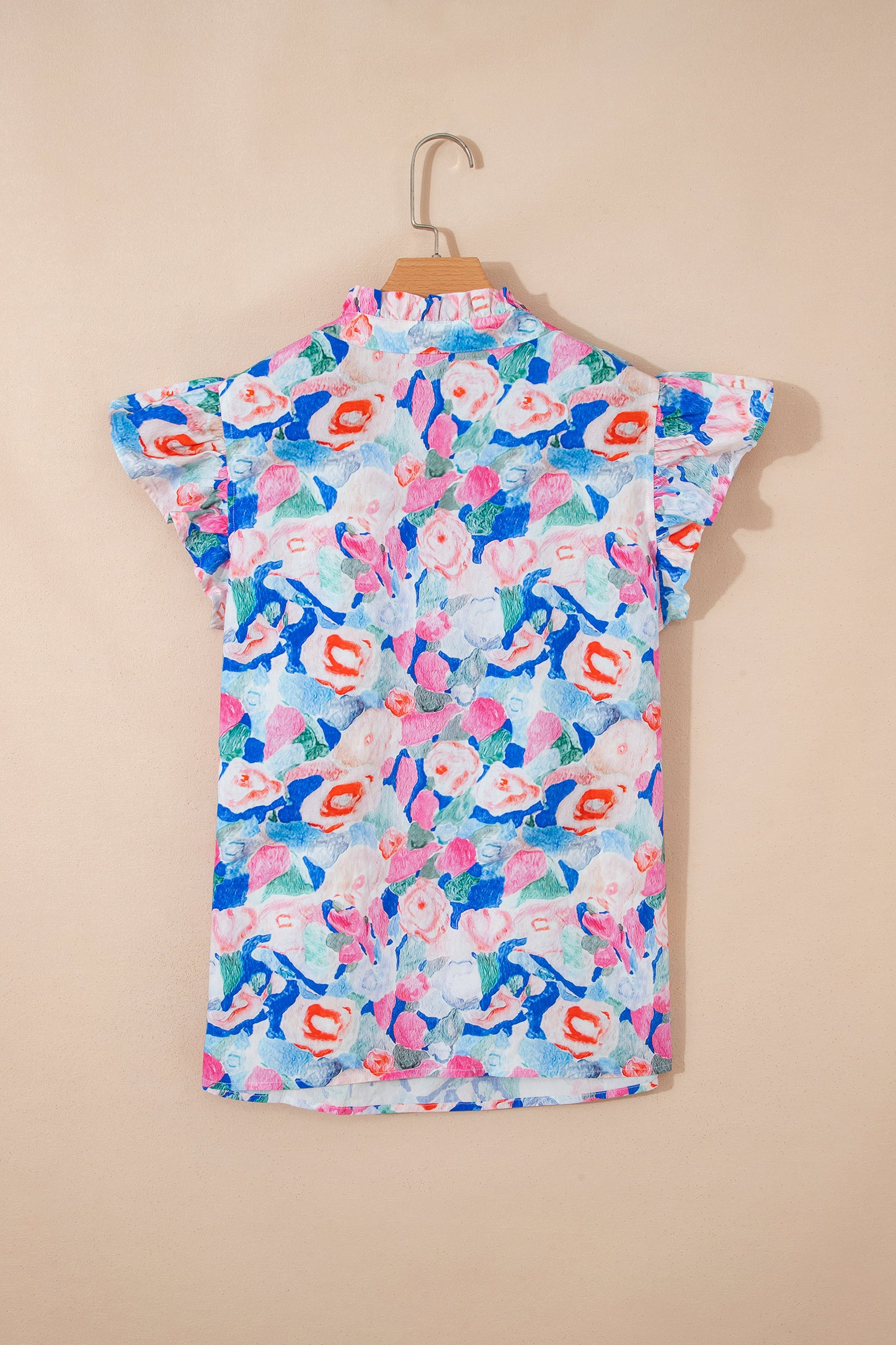 Pink Floral Print Tie V Neck Contrast Detail Ruffle Short Sleeve Blouse