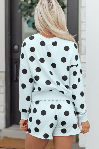 Pink Polka Dot Print Drop Shoulder Pullover Drawstring Shorts Set