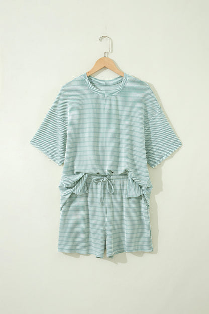 Rose Stripe Raised Rib Loose Tee Drawstring Elastic Waist 2pcs Short Set