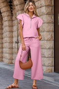 Pink Textured Ruffled Sleeve Zipped Top and Wide Leg Pants Set