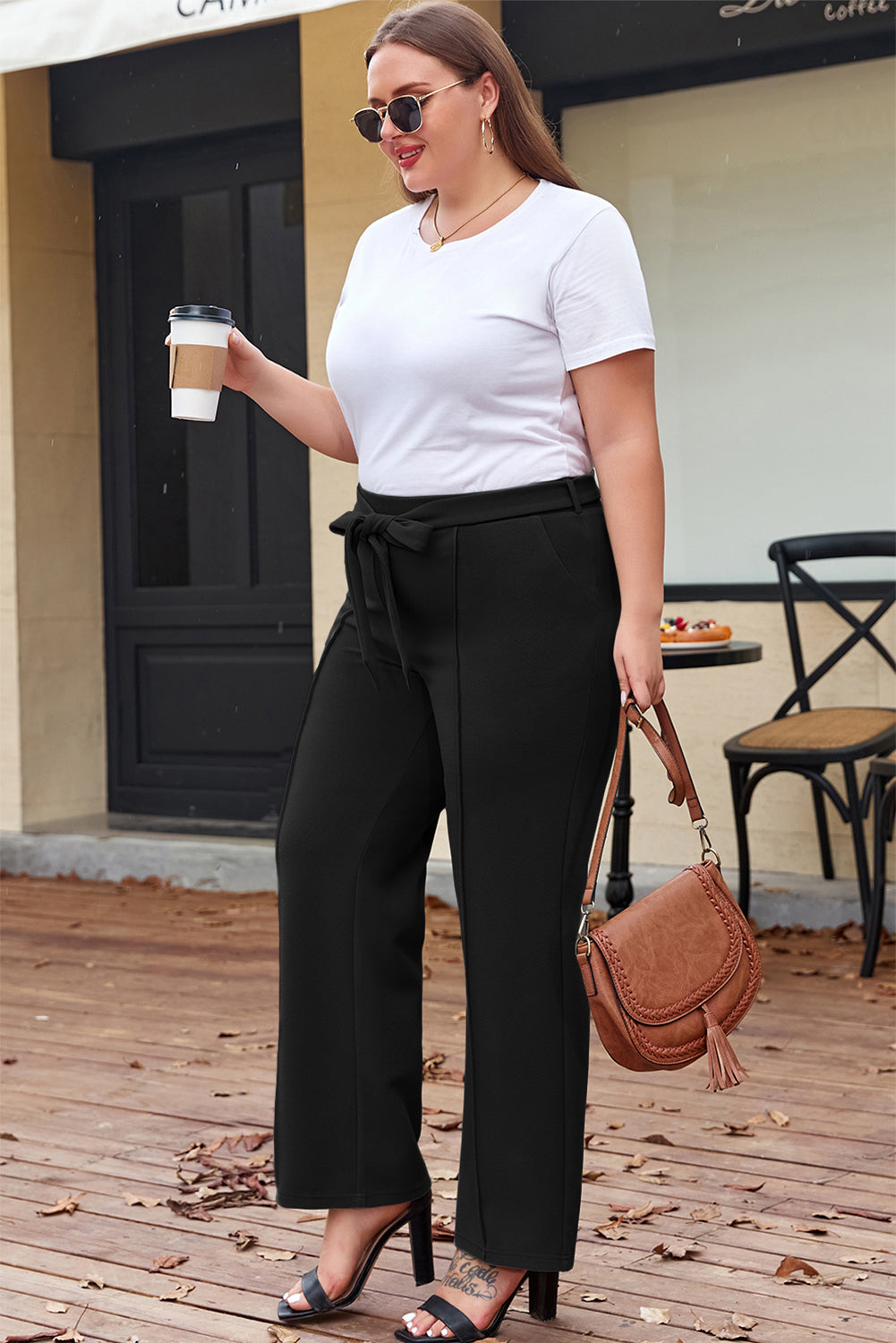 Black Plus Size Knot Waist Textured Shift Pants