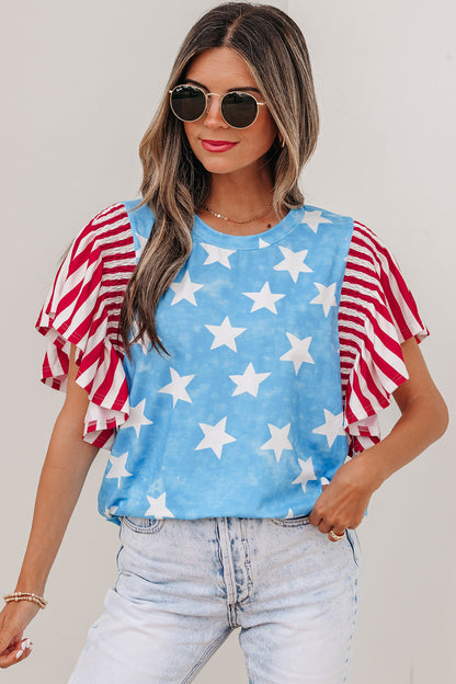 Sky Blue Vintage Star Print Striped Ruffle Sleeve Independence Day Top