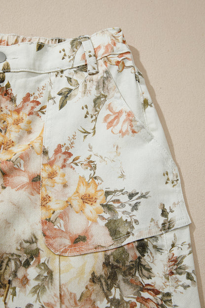 Beige Vintage Style Floral Print High Waist Wide Leg Jeans