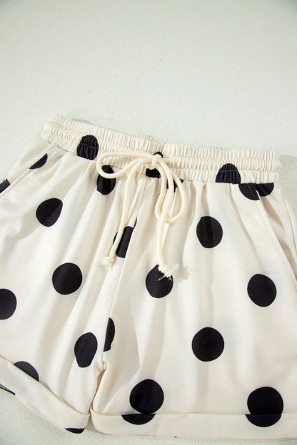 Beige Polka Dot Print V Neck Tee Short Set