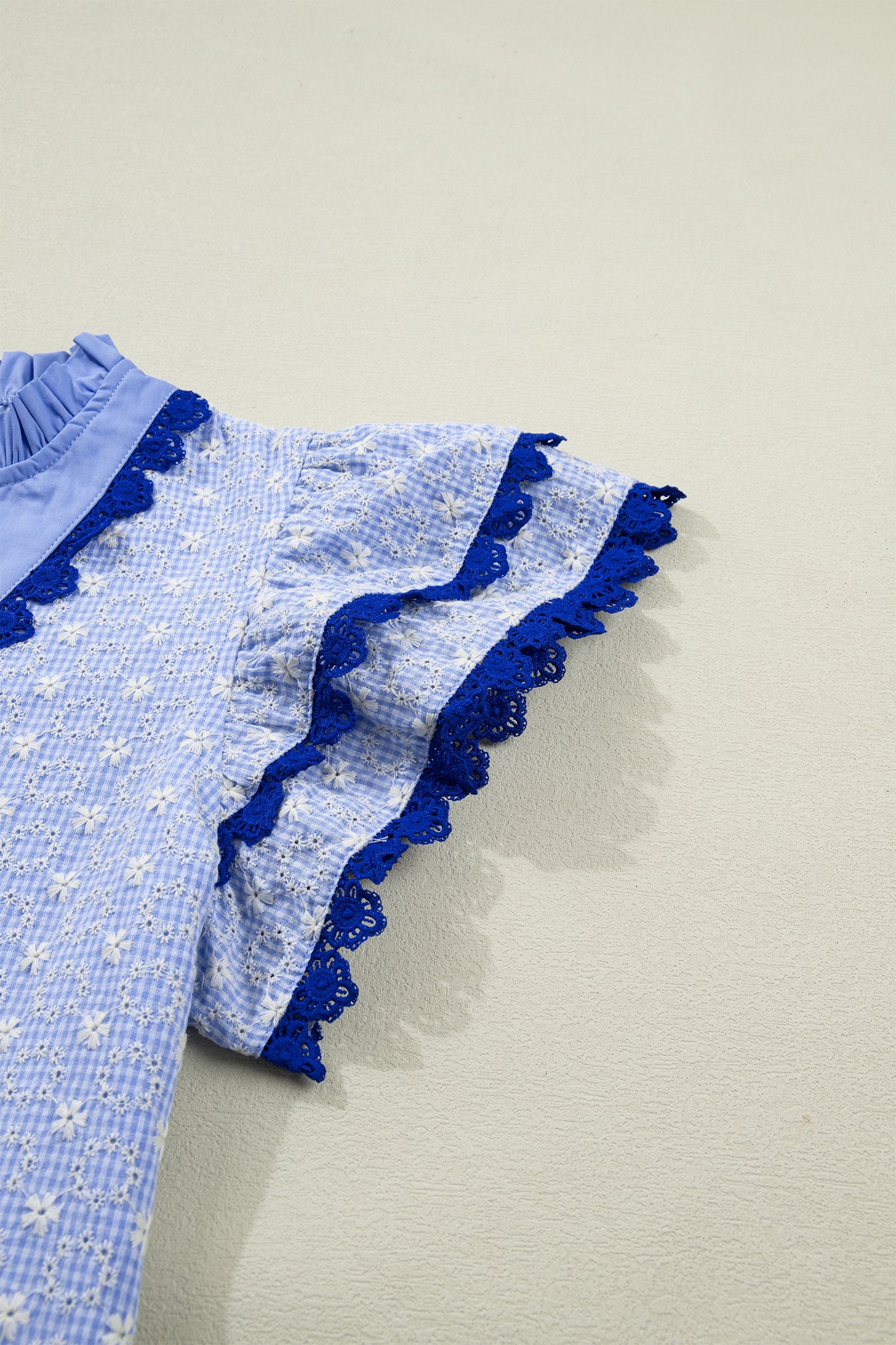 Beau Blue Eyelet Embroidered Flower Texture Contrast Lace Trim Flutter Sleeve Blouse