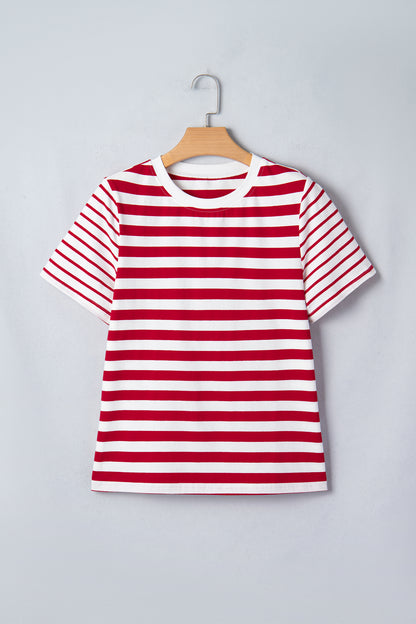 Red Stripe Patchwork Round Neck T Shirt