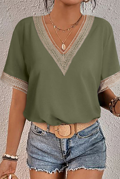Black Lace Trim V Neck Short Sleeve Blouse
