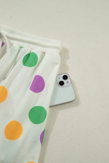 Pink Polka Dot Print Drop Shoulder Pullover Drawstring Shorts Set