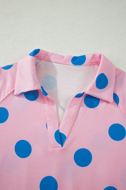 Beige Polka Dot Print V Neck Tee Short Set