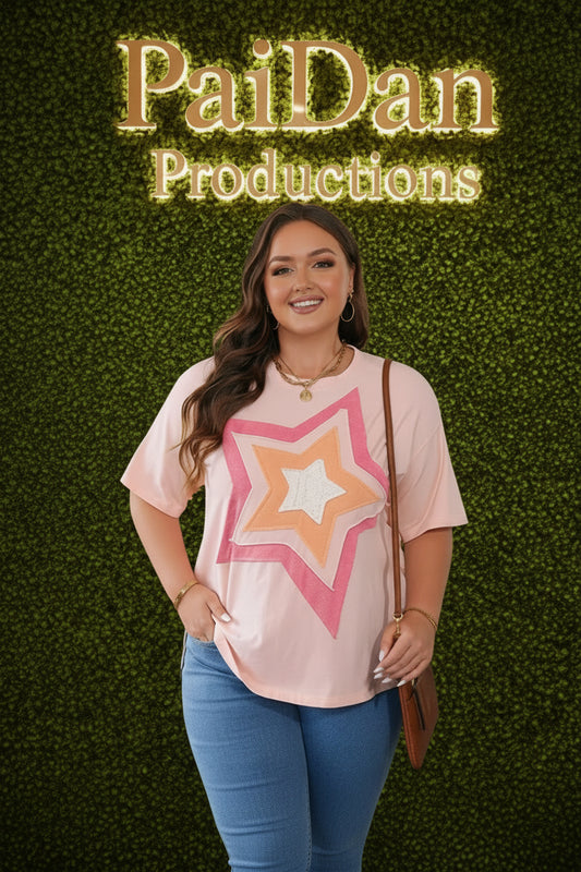 Light Pink Eyelet Lace Star Applique Plus Size T Shirt
