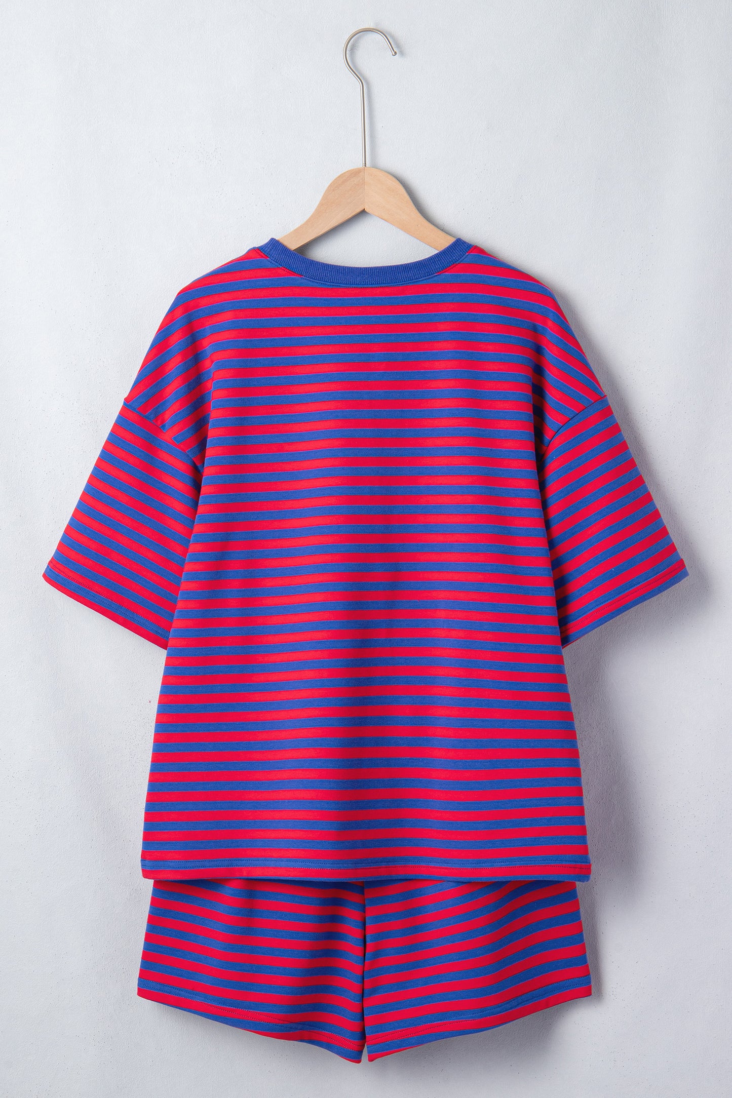 Blue Stripe Striped Ribbed Cotton Two-Piece Short Set with Chest Patch Detail