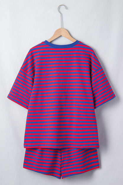 Blue Stripe Striped Ribbed Cotton Two-Piece Short Set with Chest Patch Detail