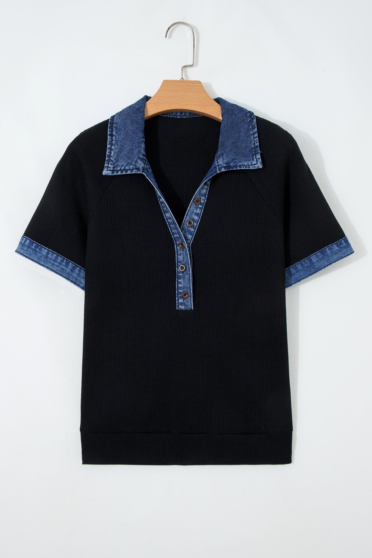Black Waffle Knit Denim Contrast Trim Patchwork Button Polo Collar Top