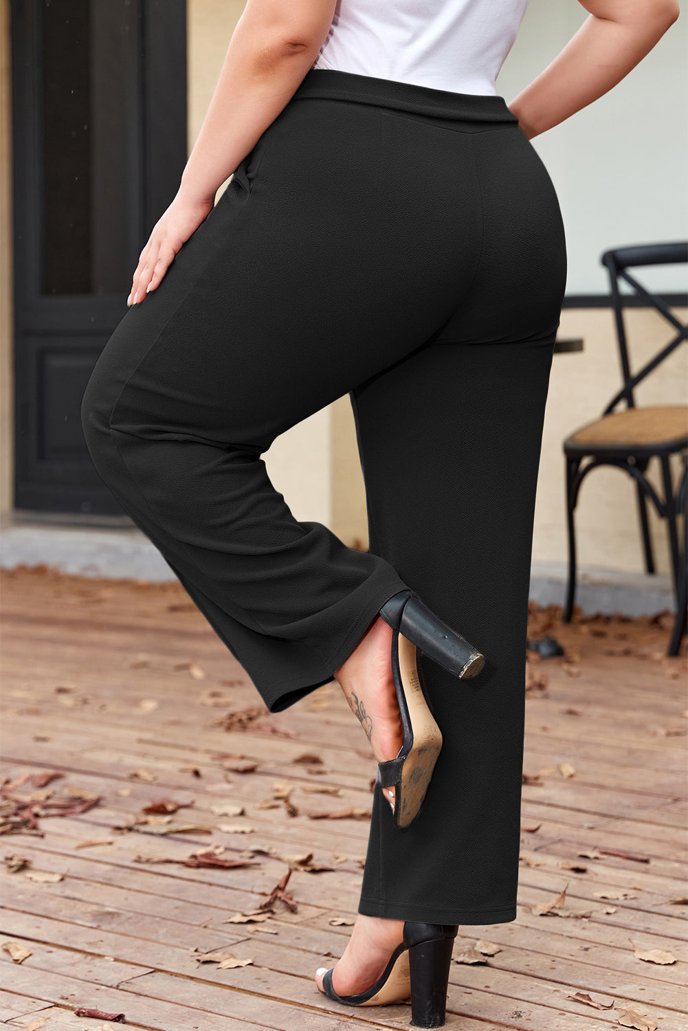 Black Plus Size Knot Waist Textured Shift Pants