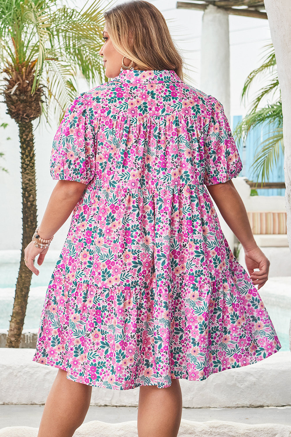 Pink Plus Size Floral Half Button Short Puff Sleeve A-line Dress