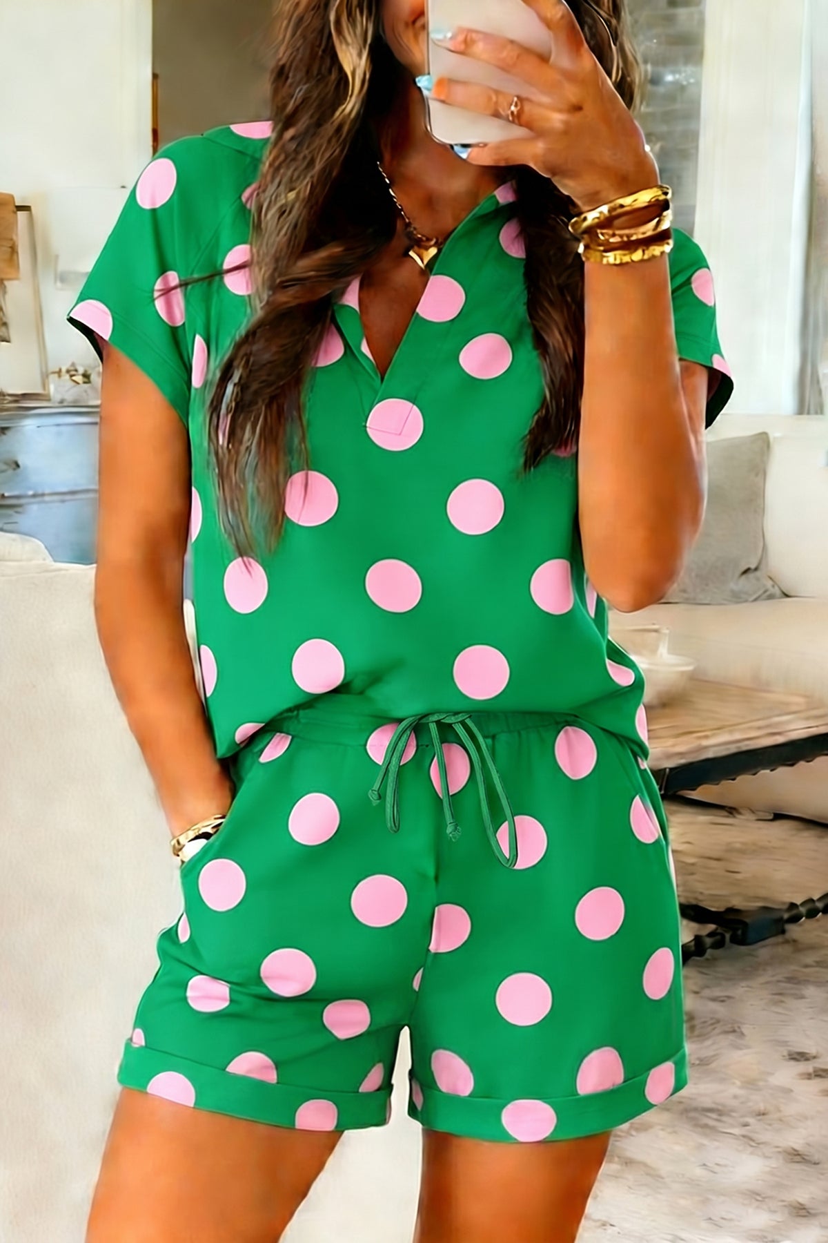 Beige Polka Dot Print V Neck Tee Short Set