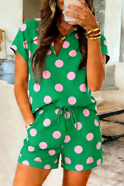 Beige Polka Dot Print V Neck Tee Short Set