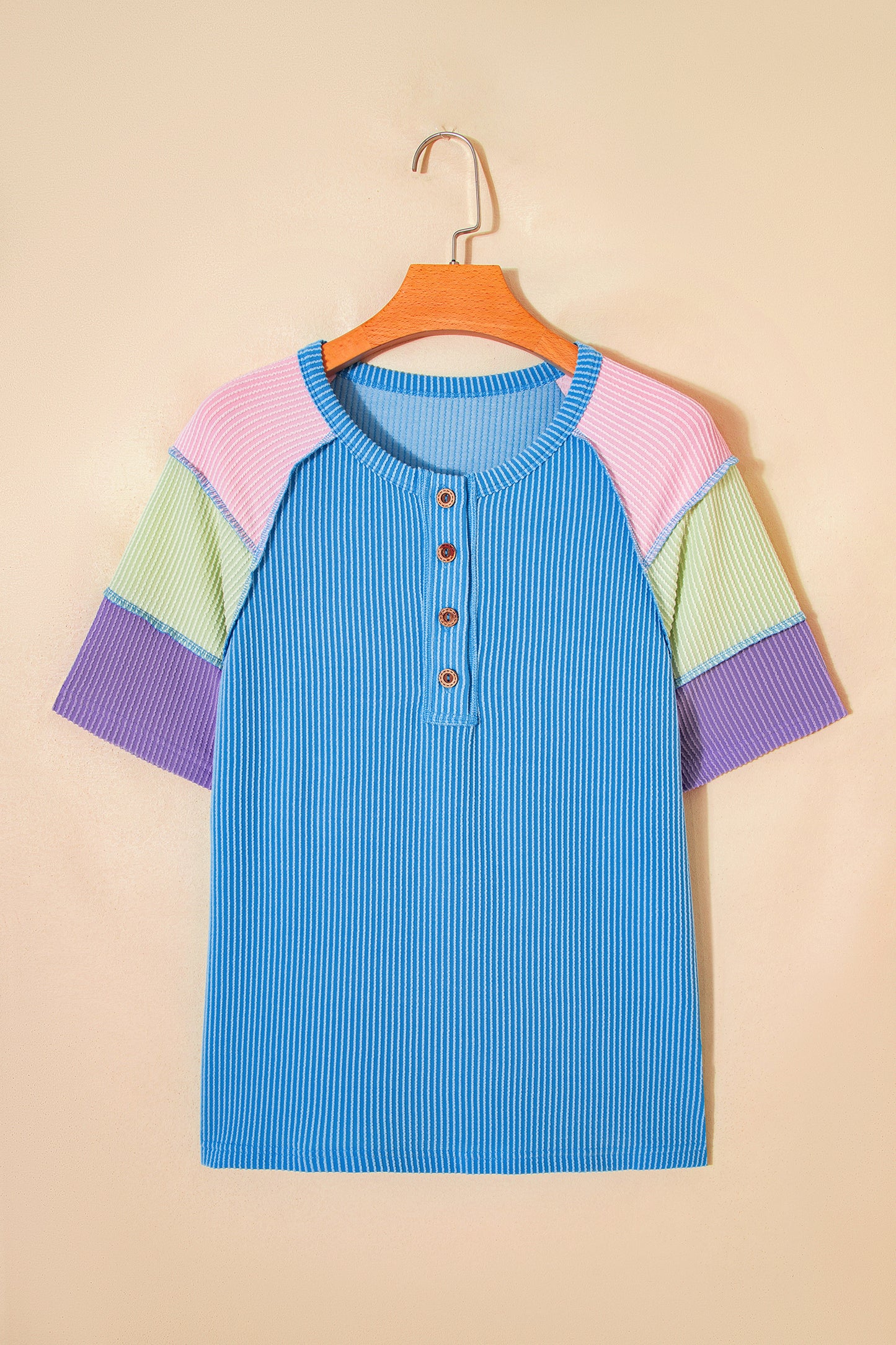 Twisted Ribbed Color Block Patchwork Henley Short Sleeve T Shirt