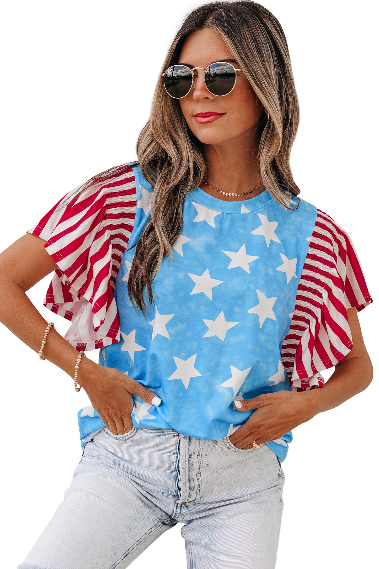 Sky Blue Vintage Star Print Striped Ruffle Sleeve Independence Day Top