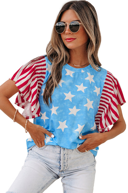 Sky Blue Vintage Star Print Striped Ruffle Sleeve Independence Day Top