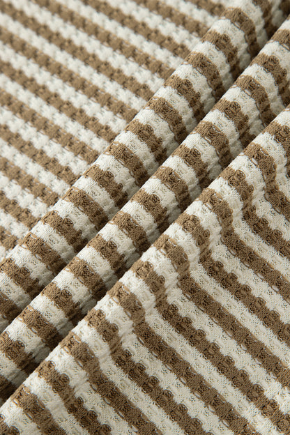 Brown Stripe Breathable Textured Knit Short 2pcs Set