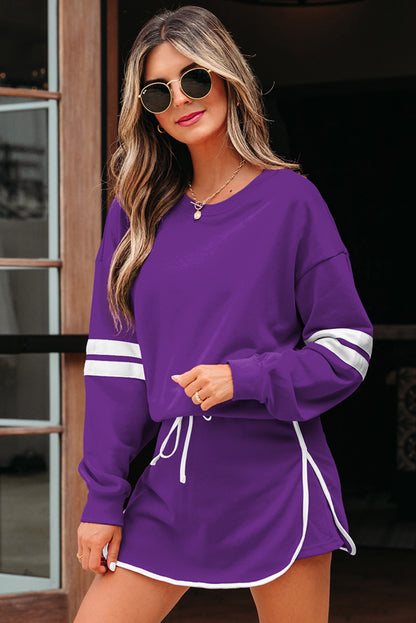 Black Varsity Stripe Detail Drop Shoulder Pullover Mini Skort Set