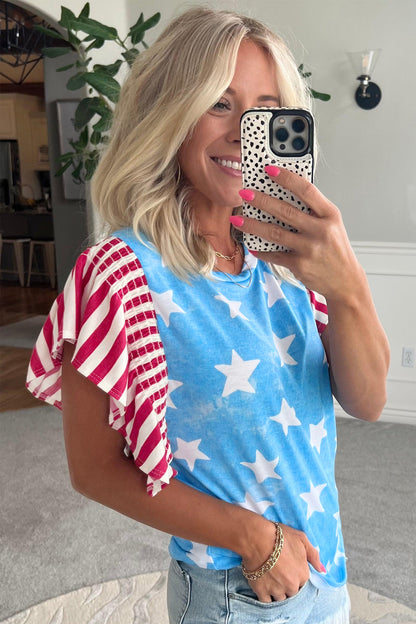 Sky Blue Vintage Star Print Striped Ruffle Sleeve Independence Day Top