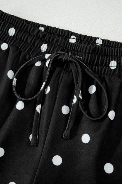 Black Exposed Seam Detail Polka Dot Loose Tee Drawstring Shorts Set