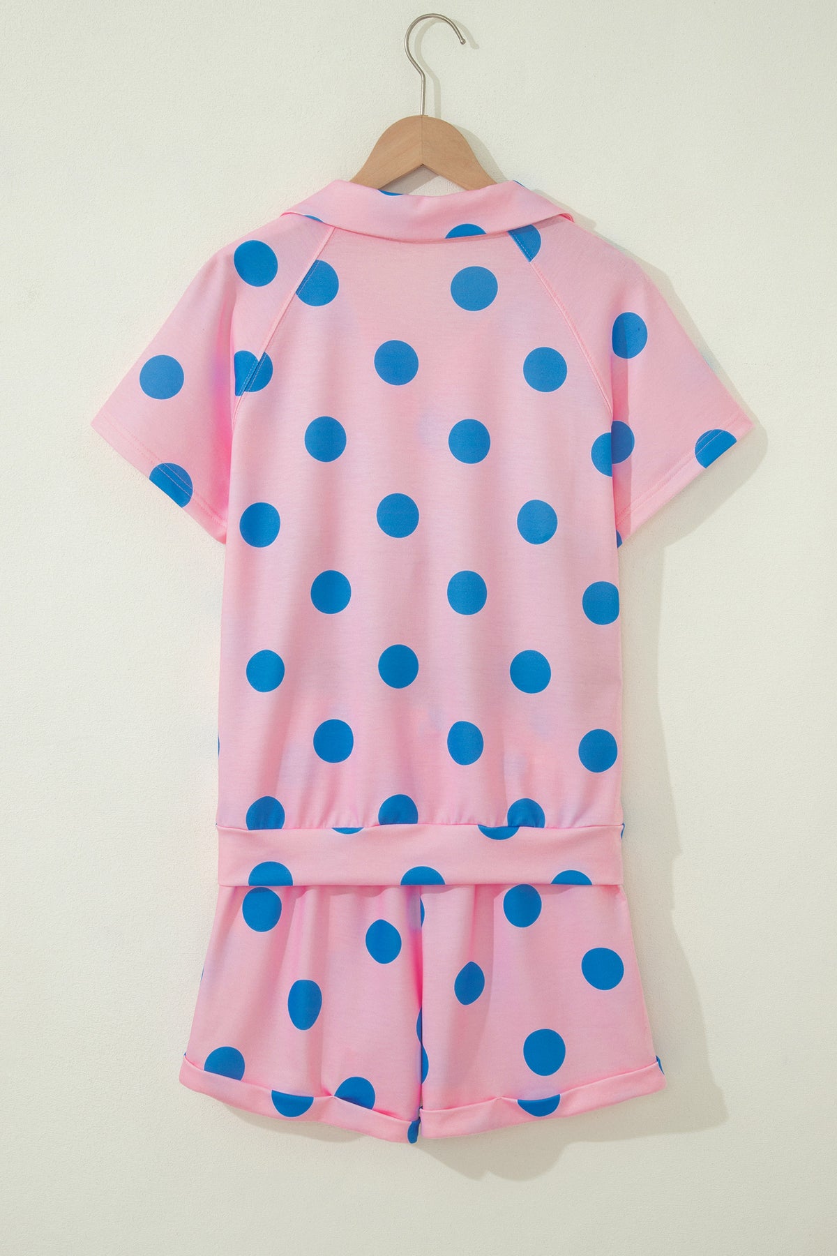 Beige Polka Dot Print V Neck Tee Short Set