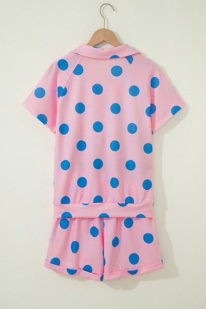 Beige Polka Dot Print V Neck Tee Short Set