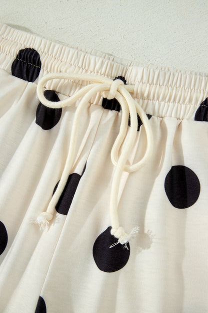 Beige Polka Dot Print V Neck Tee Short Set