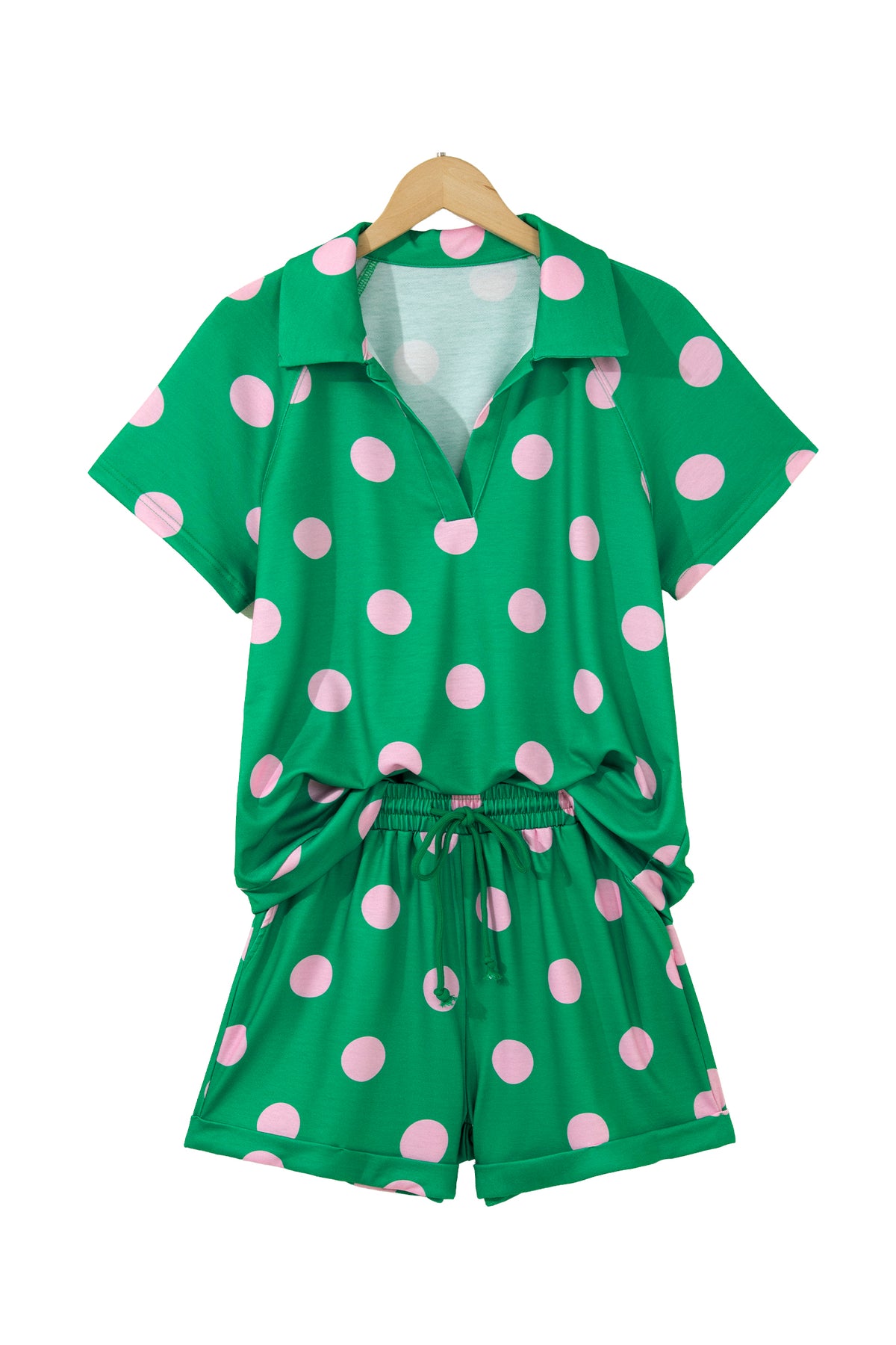Beige Polka Dot Print V Neck Tee Short Set