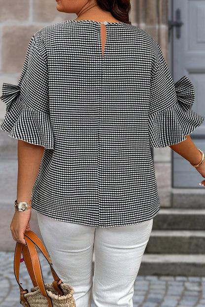 Black Plus Size Plaid Bow Decor Bell Sleeve Round Neck Jumper