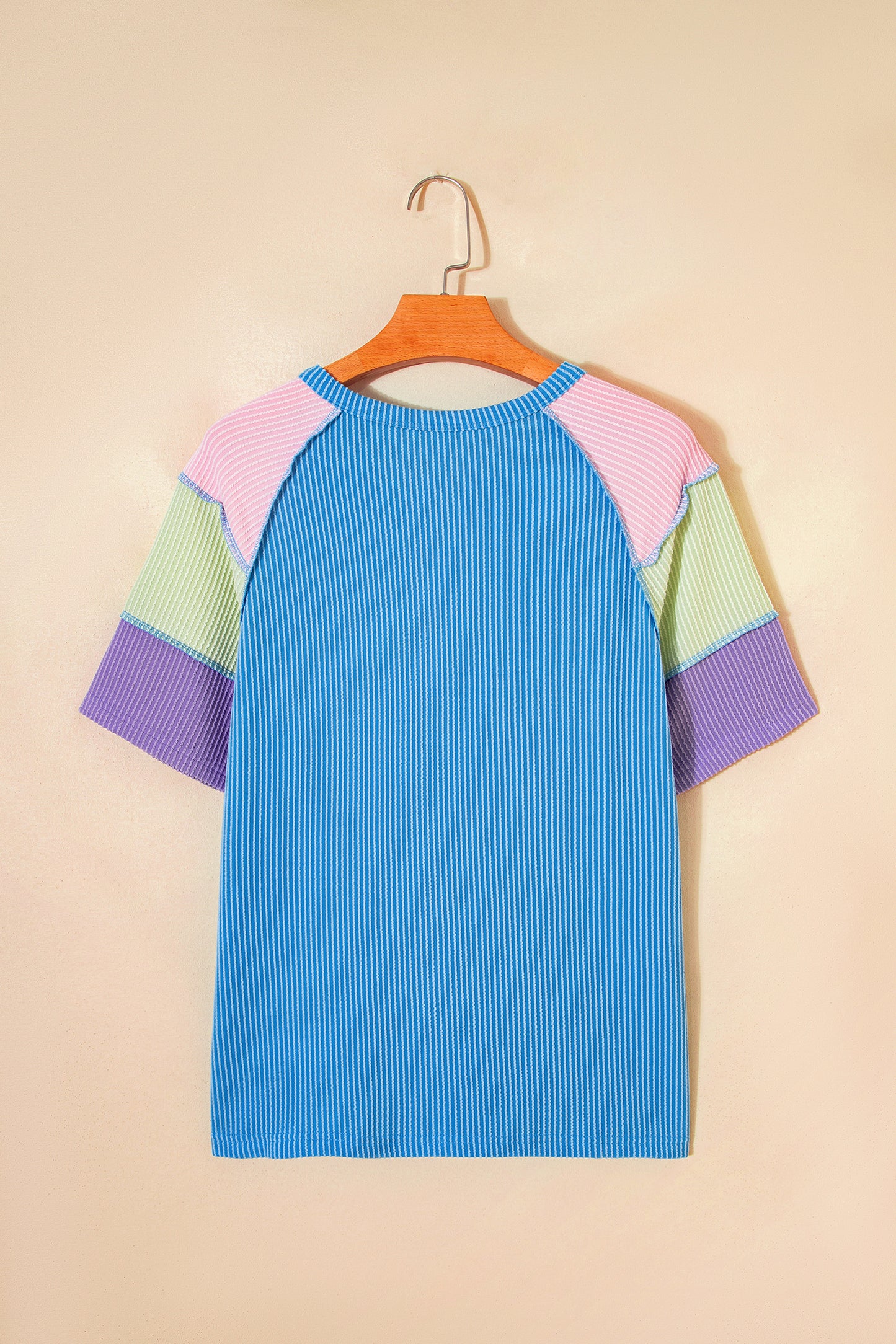 Twisted Ribbed Color Block Patchwork Henley Short Sleeve T Shirt