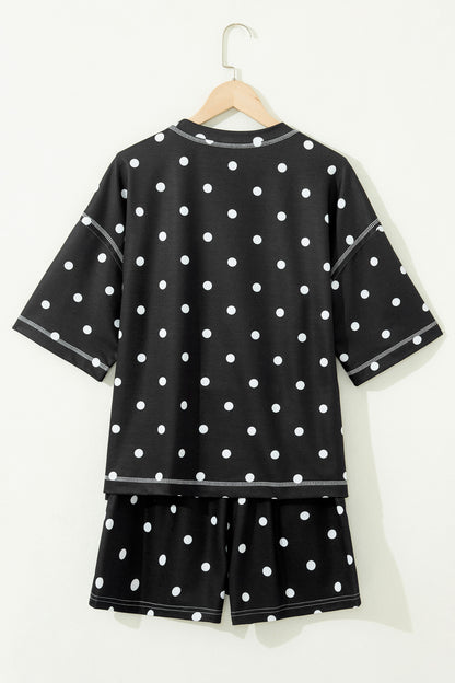 Black Exposed Seam Detail Polka Dot Loose Tee Drawstring Shorts Set