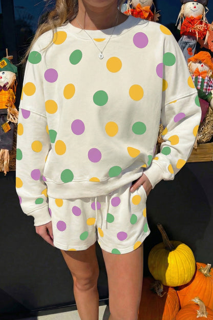 Pink Polka Dot Print Drop Shoulder Pullover Drawstring Shorts Set