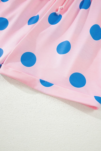 Beige Polka Dot Print V Neck Tee Short Set