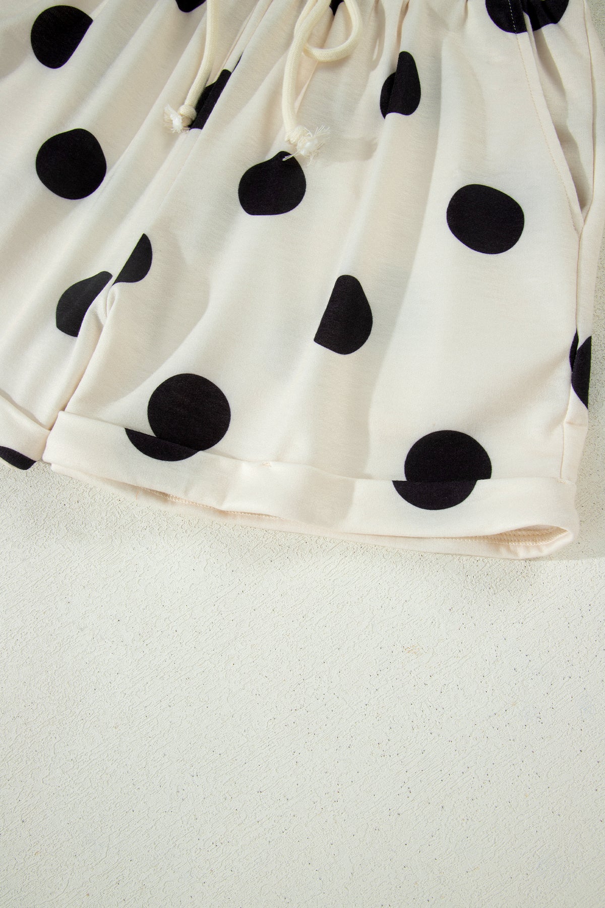 Beige Polka Dot Print V Neck Tee Short Set