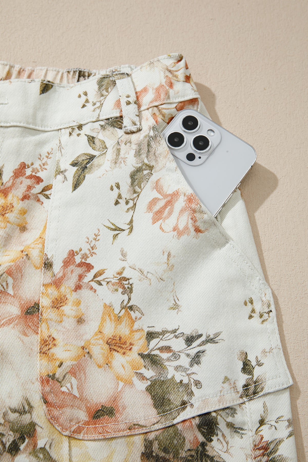 Beige Vintage Style Floral Print High Waist Wide Leg Jeans