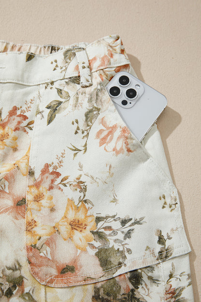 Beige Vintage Style Floral Print High Waist Wide Leg Jeans