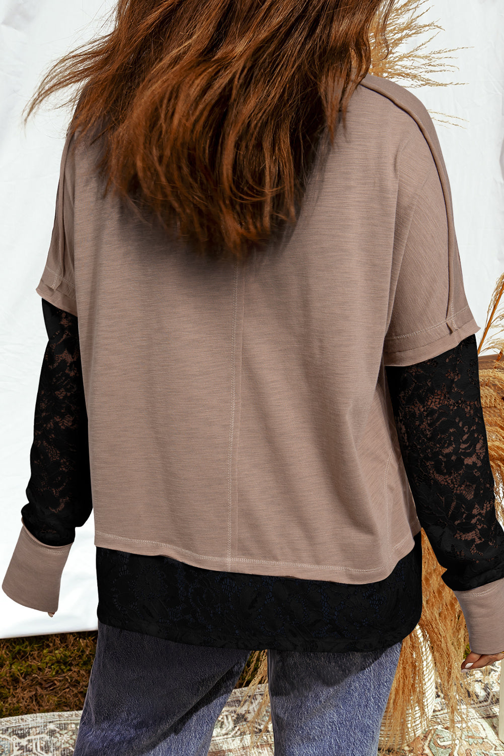 Dark Brown Sheer Lace Patchwork Casual Long Sleeve Tee