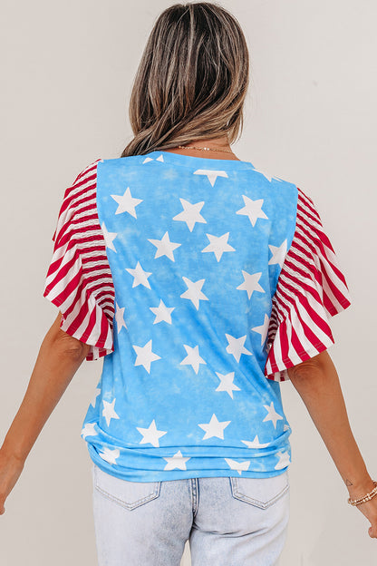 Sky Blue Vintage Star Print Striped Ruffle Sleeve Independence Day Top