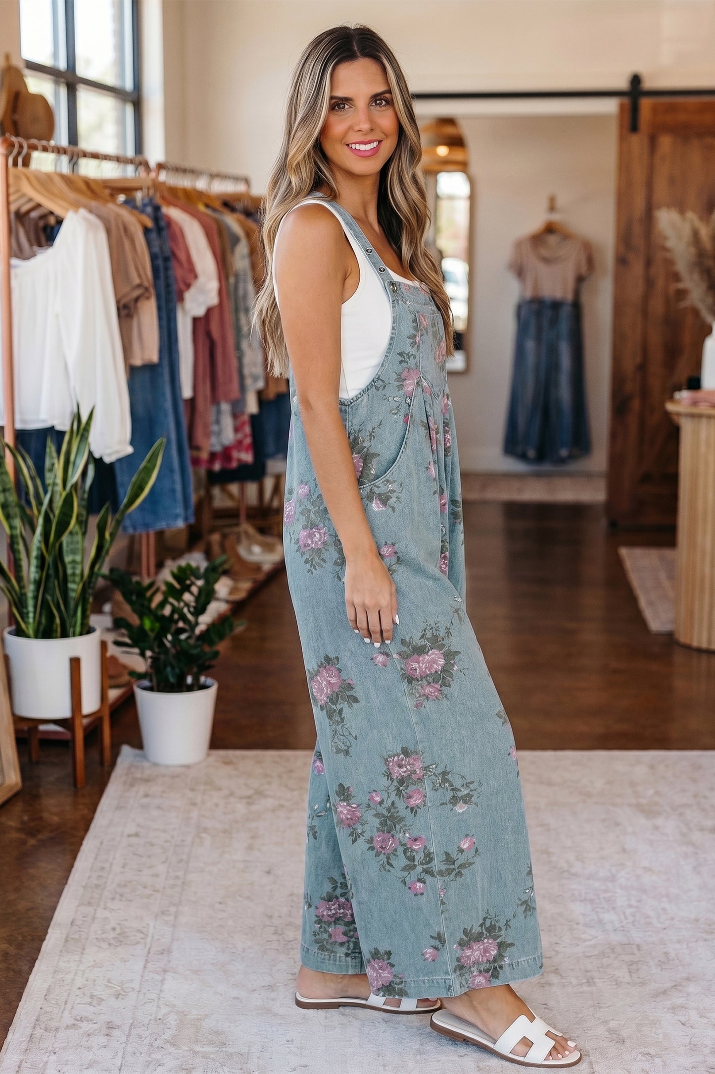 Beau Blue Floral Print Pleated High Waist Wide Leg Denim Jumpsuit